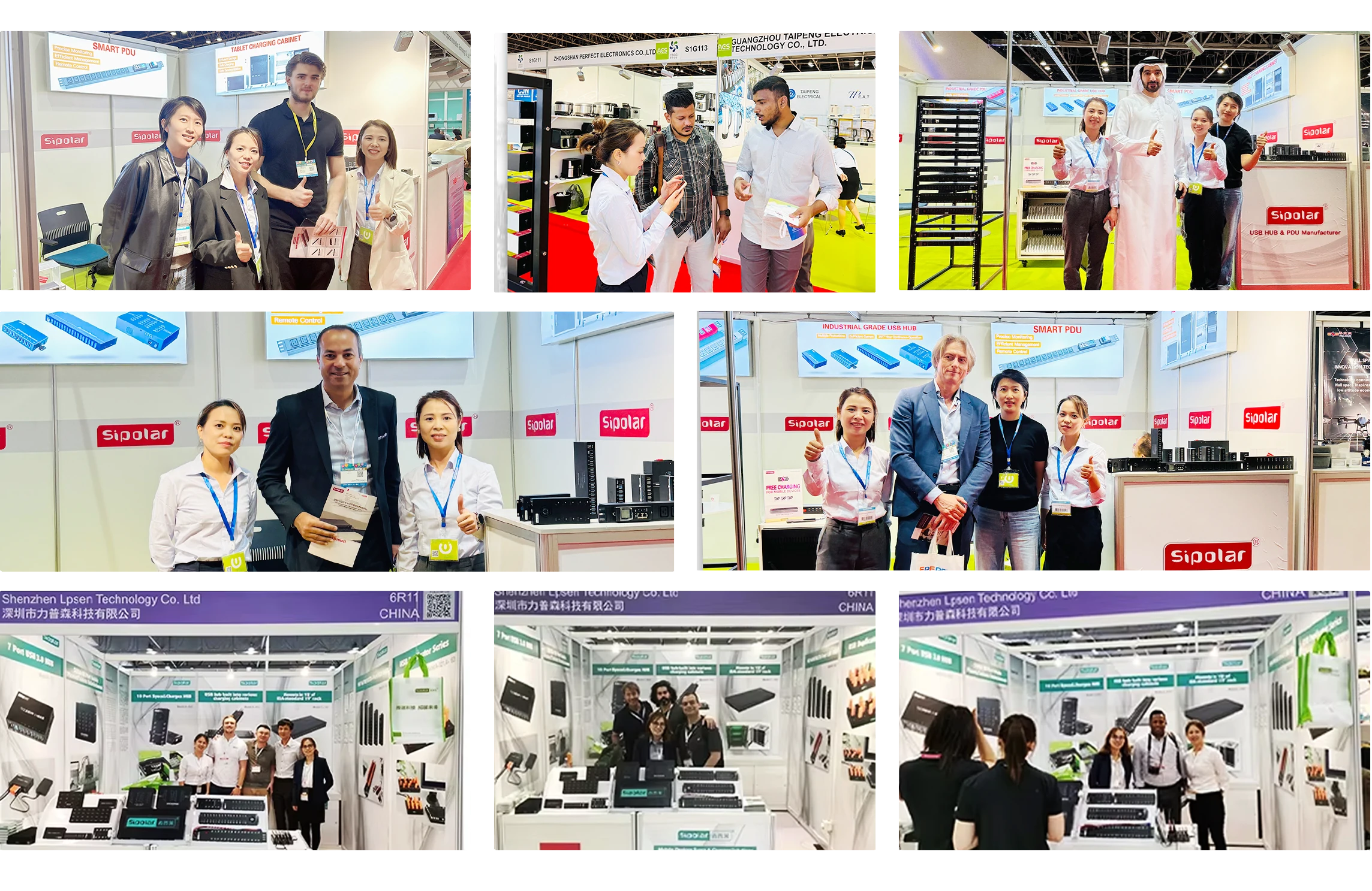 Sipolar representatives and an international visitor at a USB hub exhibition stand