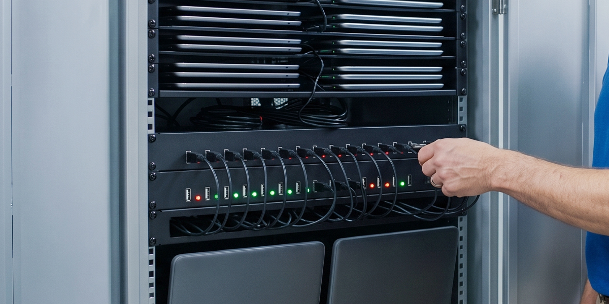 Shared laptops stored and connected to a multi-port charging system in an equipment cabinet