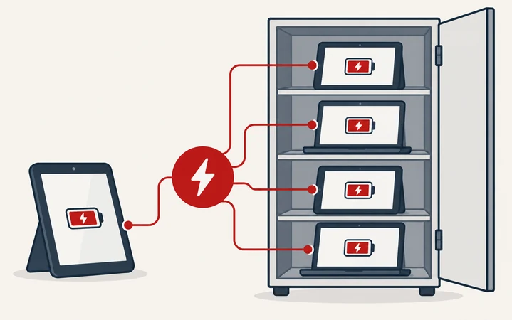 Devices stored in a cabinet and linked to an abstract charging symbol