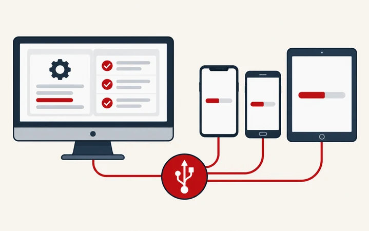 Computer and mobile devices linked through an abstract USB connection symbol