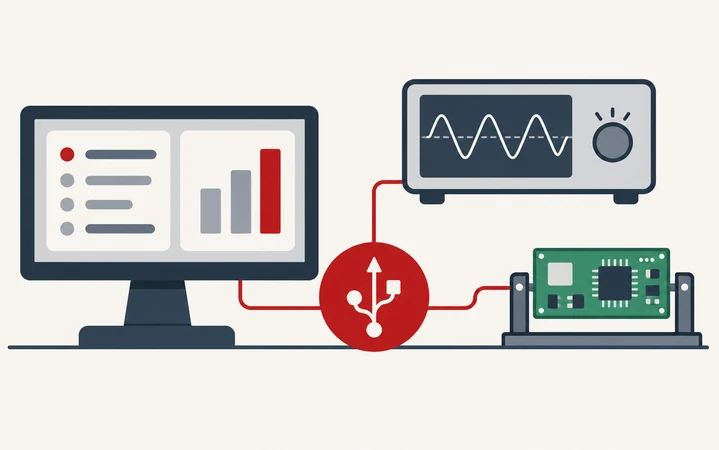 Flat 2D illustration of electronics test equipment linked by an abstract USB connection symbol