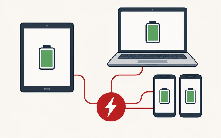 Shared phones, tablet and laptop linked to an abstract charging symbol