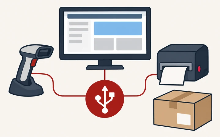 Flat 2D illustration of shipping workstation devices linked by an abstract USB connection symbol